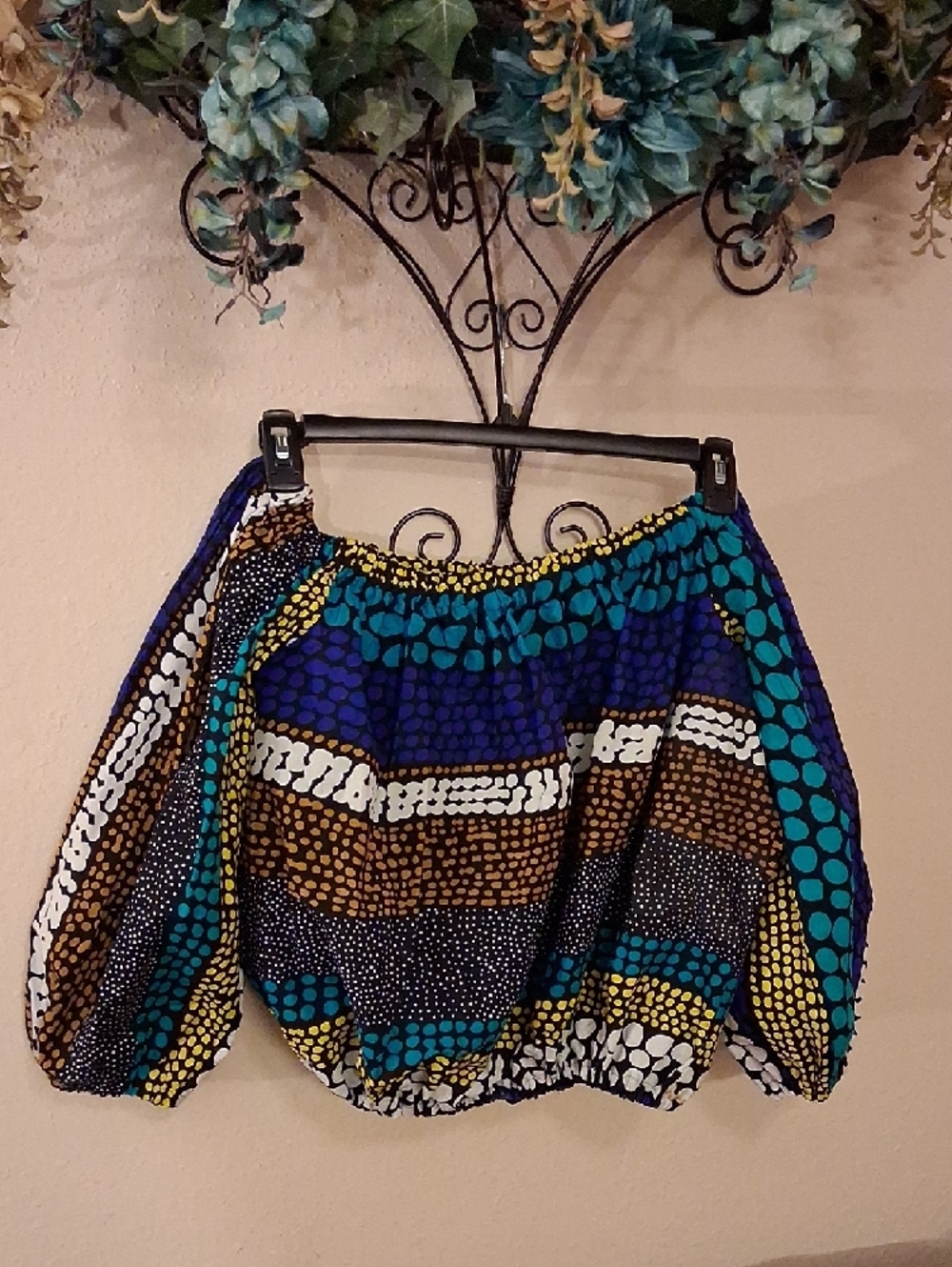 Off-Shoulder Crop Top in Teal, Blue & Brown Print Excellent Condition Size L/XL